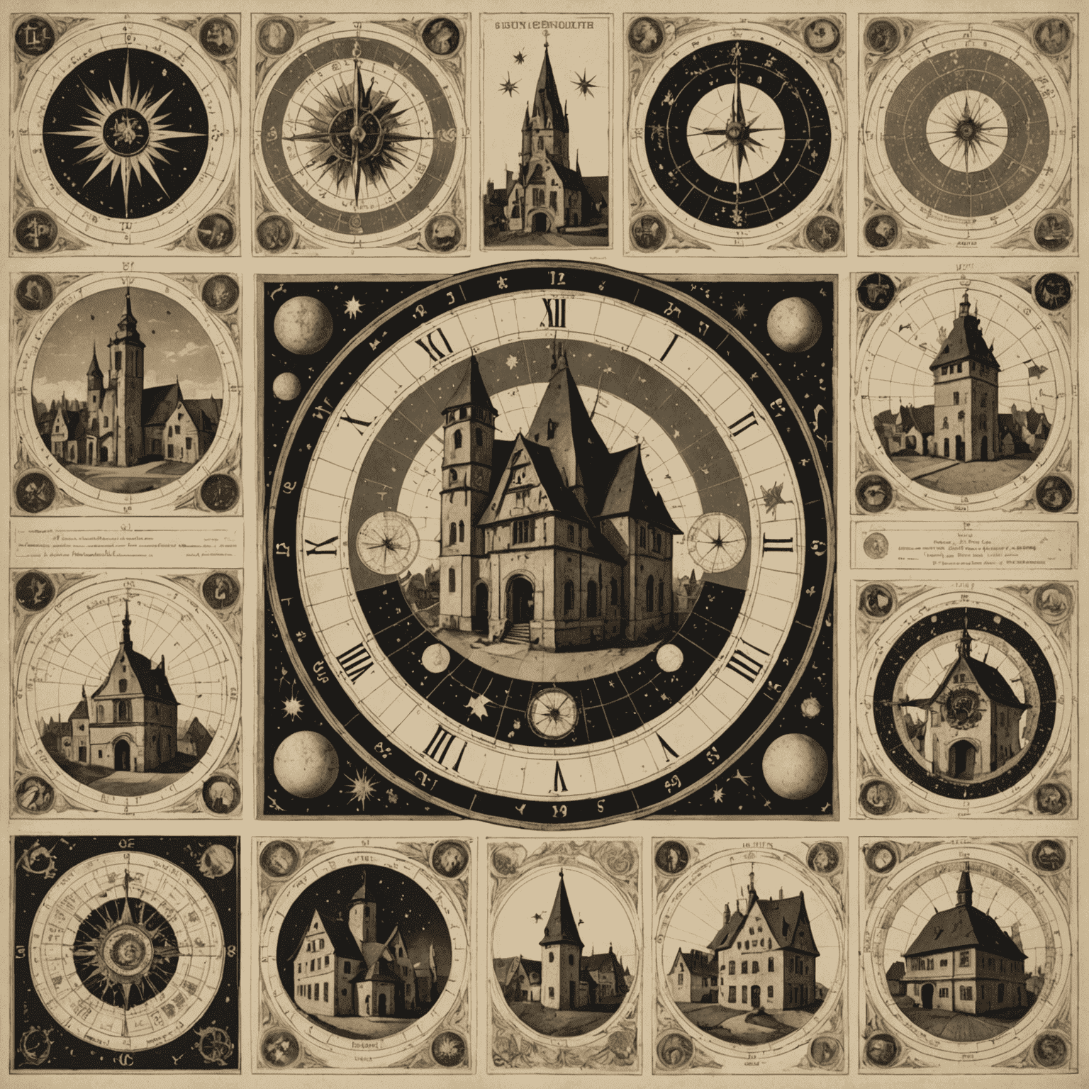 Eine Collage aus historischen deutschen Gebäuden, alten astrologischen Karten und modernen Horoskopen